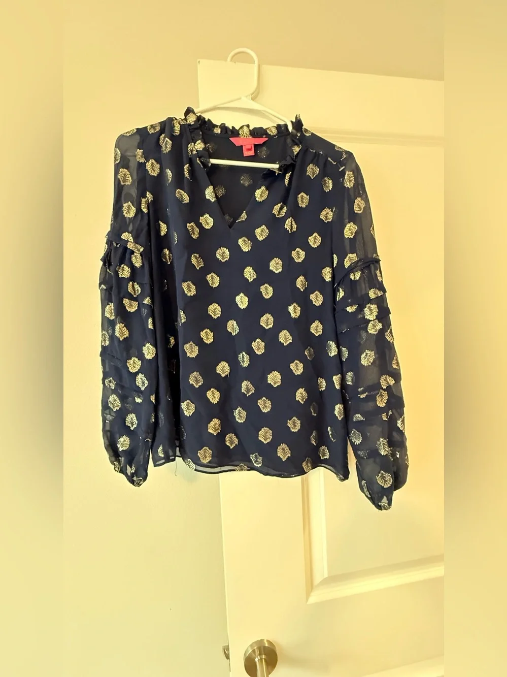 Lilly Pulitzer Navy Blouse with Gold Foil Motif